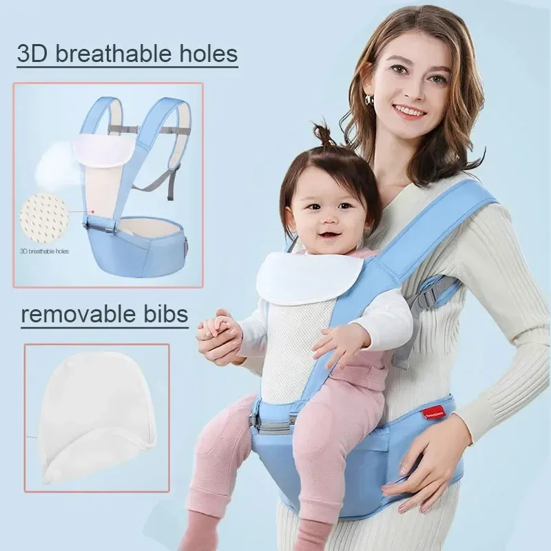 Mochila multifuncional para asiento de bebé, portabebés con correas para niños pequeños, transpirable para verano, babero extraíble, ligero