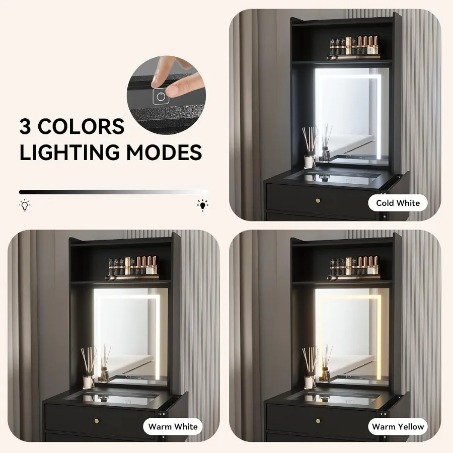 مجموعة مكتب صغيرة الحجم مع 3 مرايا مضاءة قابلة للتعديل وكرسي تخزين لغرفة النوم صغيرة للمكياج باللون الأسود مع F #5