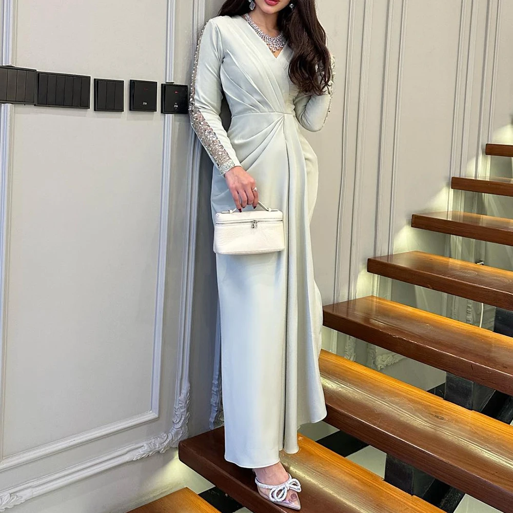 Customized Classic Ankle Length Sequined Pleats Evening Dress Exquisite A-Line Long Sleeves V-Neck Photo Color Party Gown