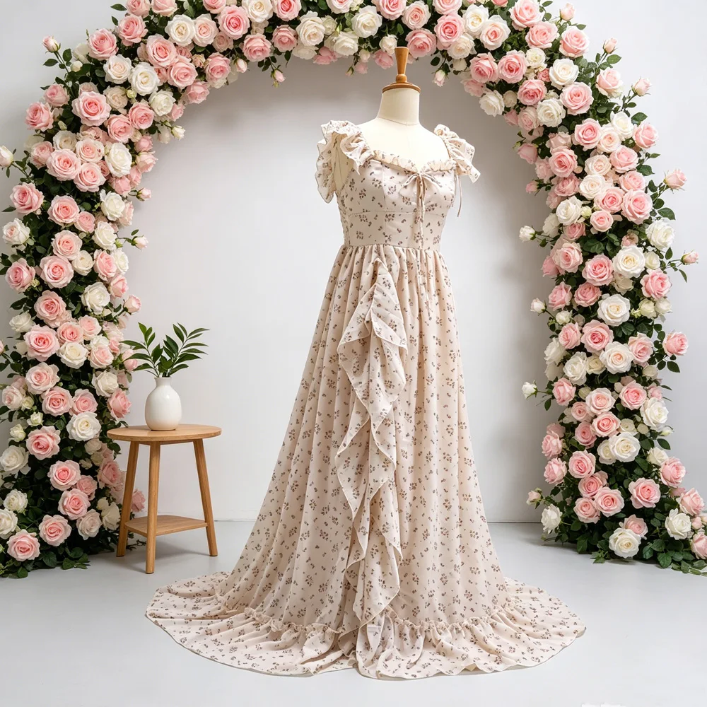 Robe de photographie de maternité robes en mousseline de soie florale éthérée Portrait féminin séance Photo vêtements Boho enceinte D