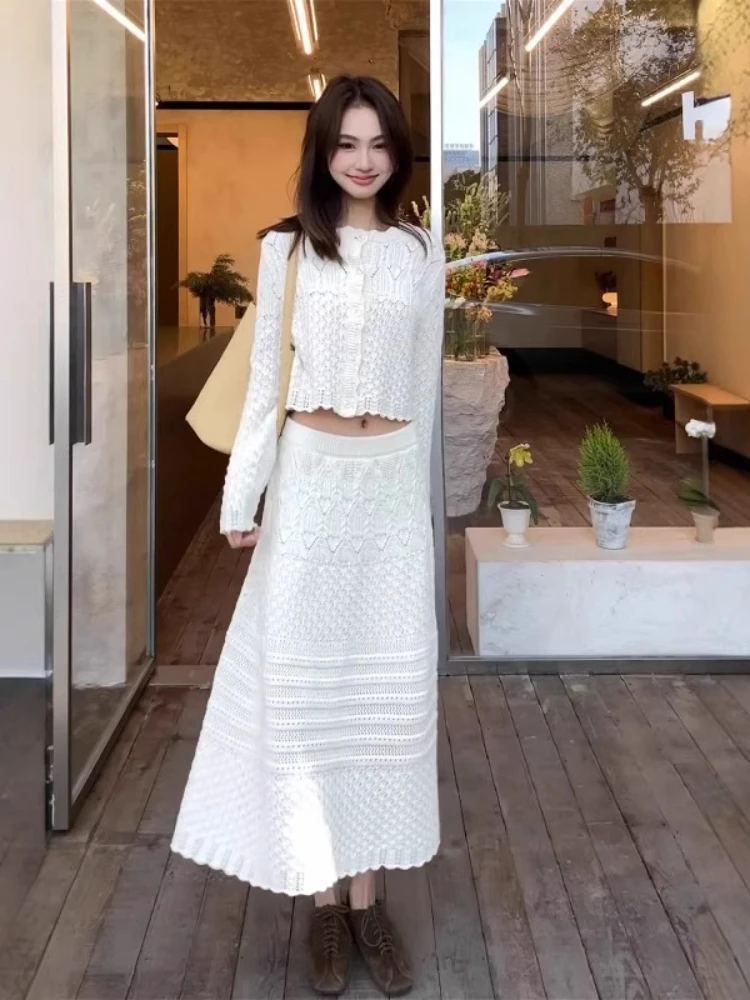 Chic Spring Fall Vintage Crochet 2PCS Set Women's Elegant Cardigan & High-Waisted Maxi Skirt French Soft Slimming Knit Outfit