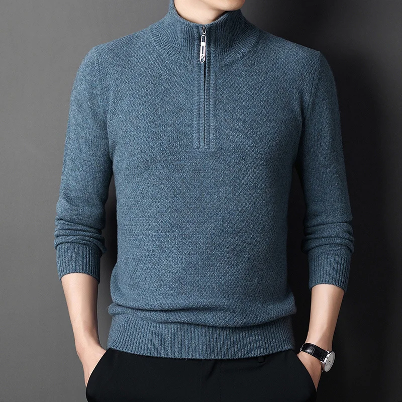 

men's Chun Zhu cashmere zipper semi-high neck sweater thickened wool knitted bottoming Korean sweater