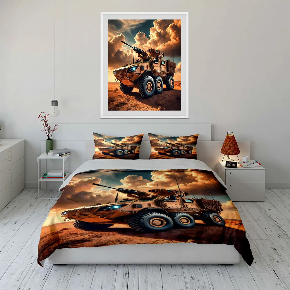 Heavy armored vehicle in desert Print Soft Comfortable Duvet Cover Bedding Set Included 1*Duvet Cover  2*Pillowcases