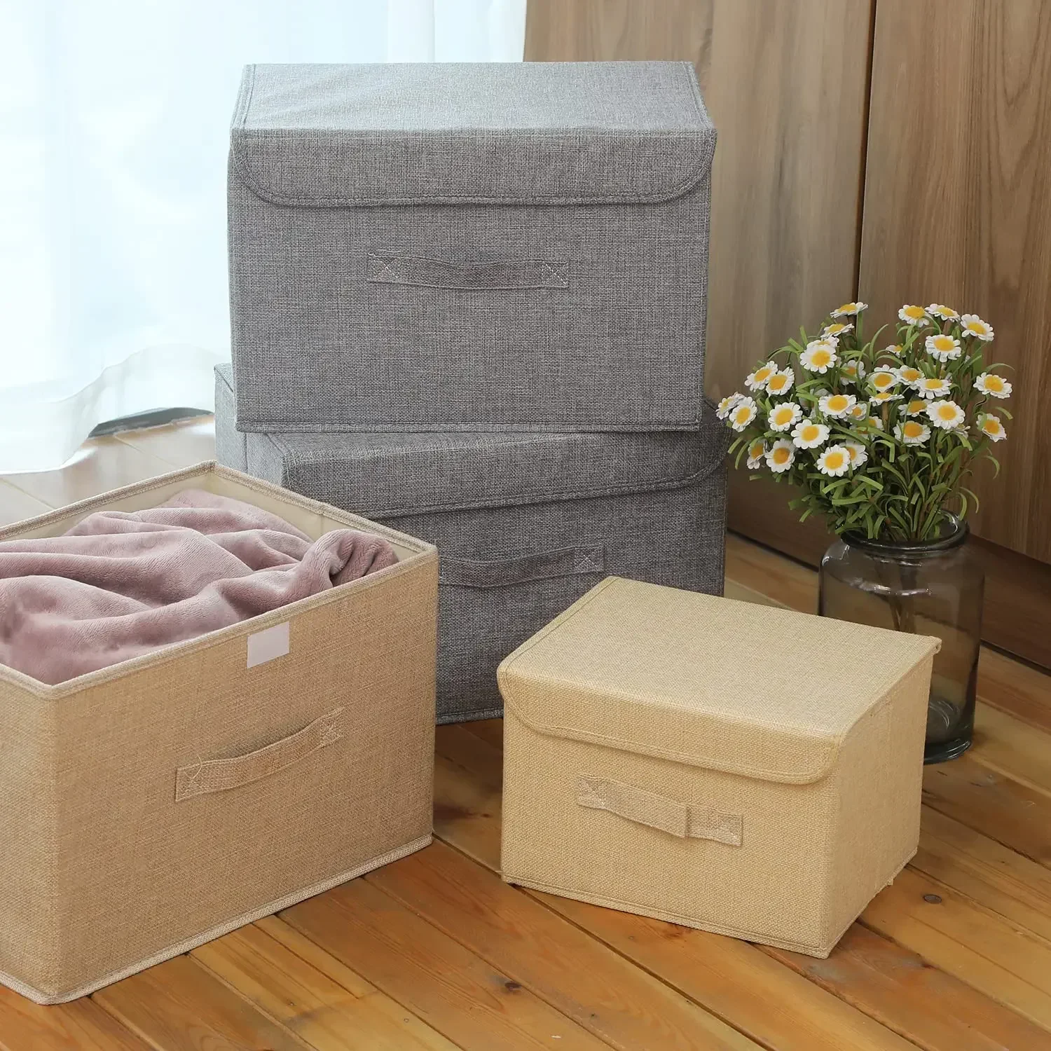 Household Fodable Storage Basket With Lids Foldable Rectangle Sundries Storage Box for Underwear Socks Baby Toys Books Organizer