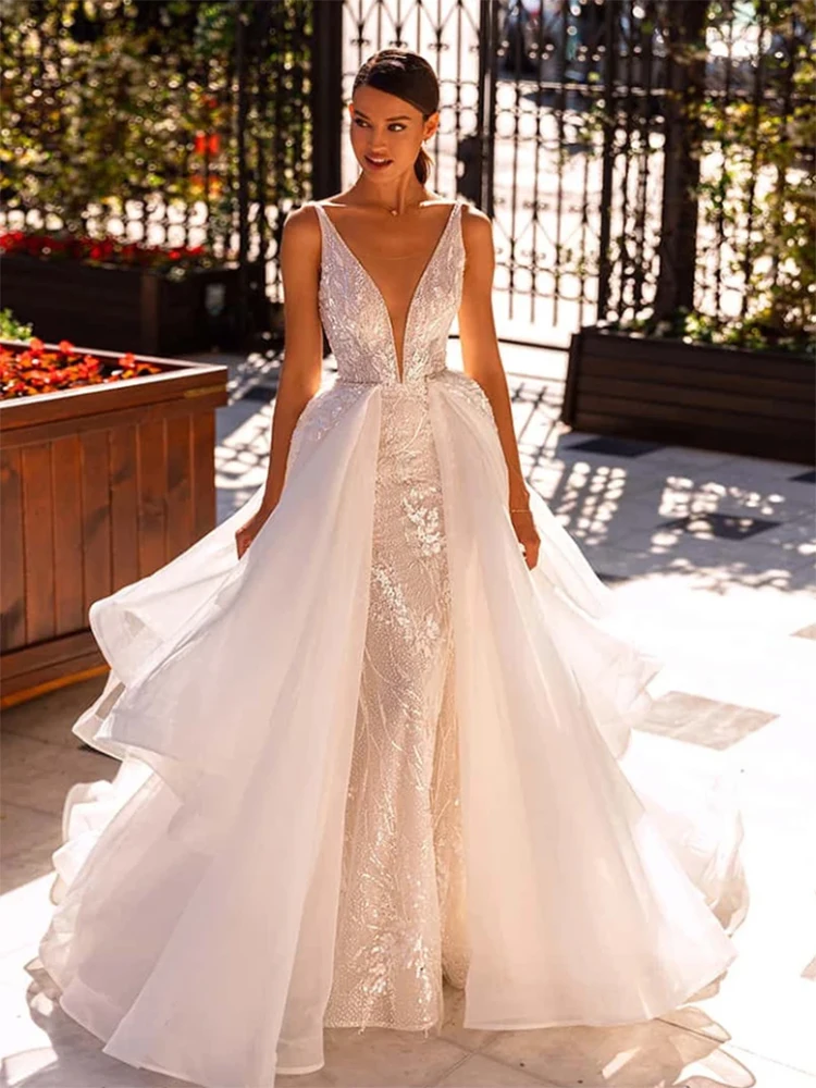 

Shiny Deep V-Neck With Detachable Train Backless Beading Crystal Mermaid Wedding Dresses