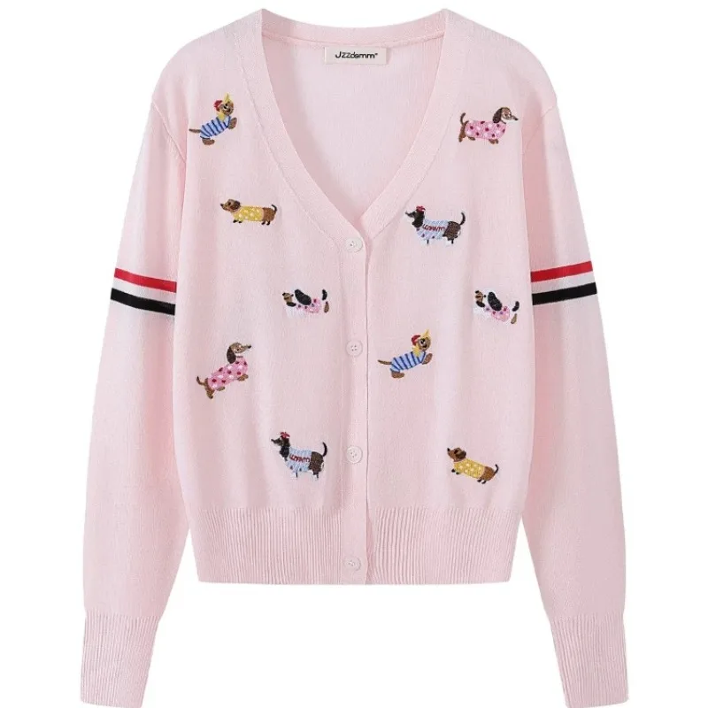 

Summer Fashion Dog Embroidery Women's Cardigan Cute Cartoon Long Sleeve Knitted Shirt Comfortable Thin Sunscreen Top for Girls