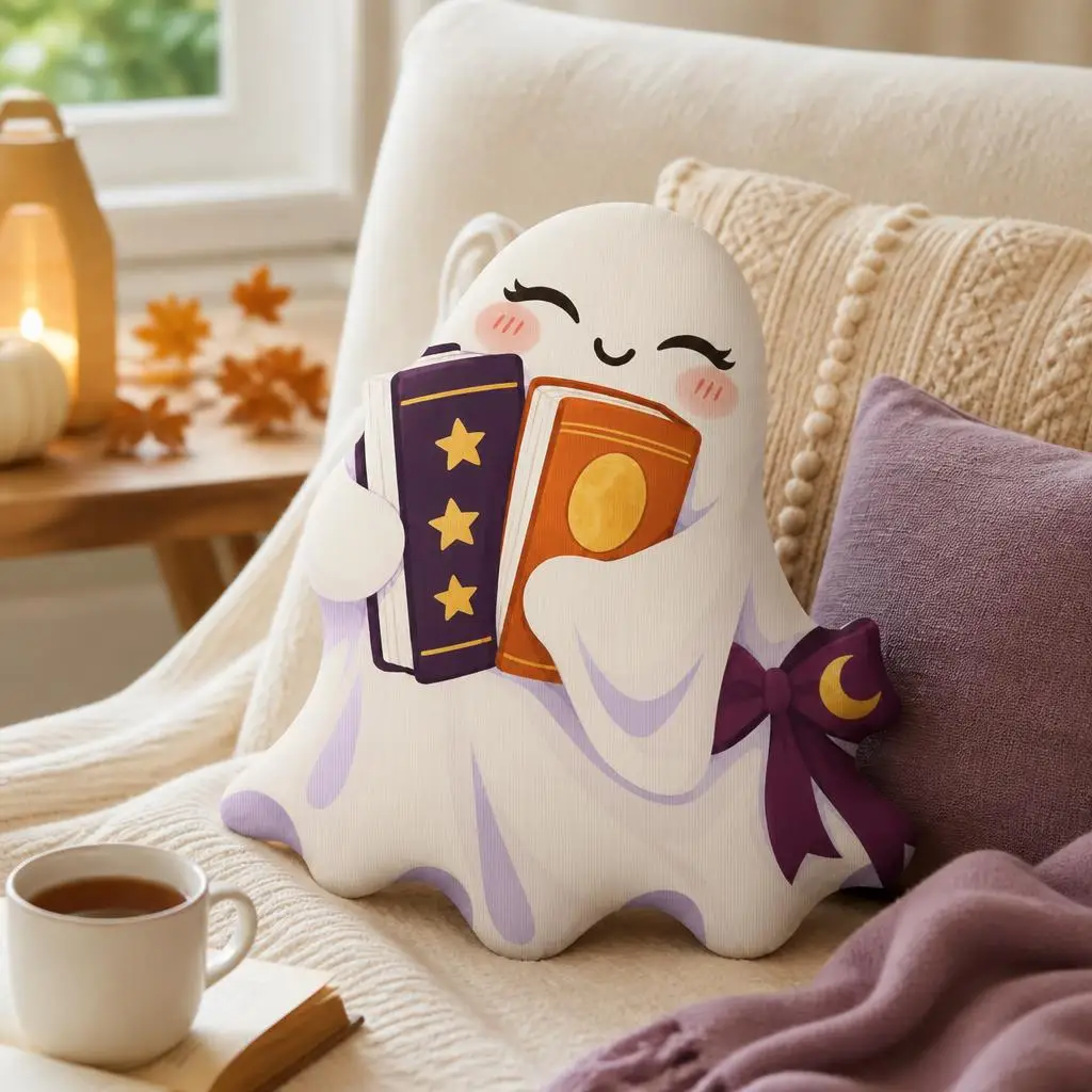 Book Lover Ghost Shaped Throw Pillow Halloween Reader Cushion Cute Spooky Bookish Home Decor Stuffed Sofa Gift for Readers