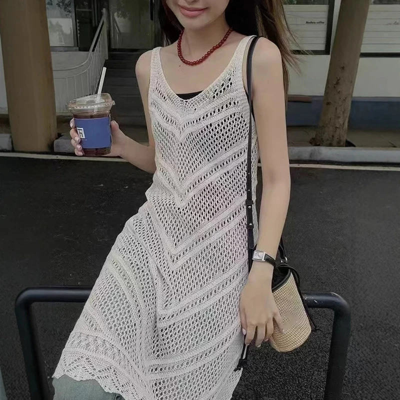 Vestido coreano de malha com decote em V oco com suspensório para mulheres blusa em camadas de comprimento médio