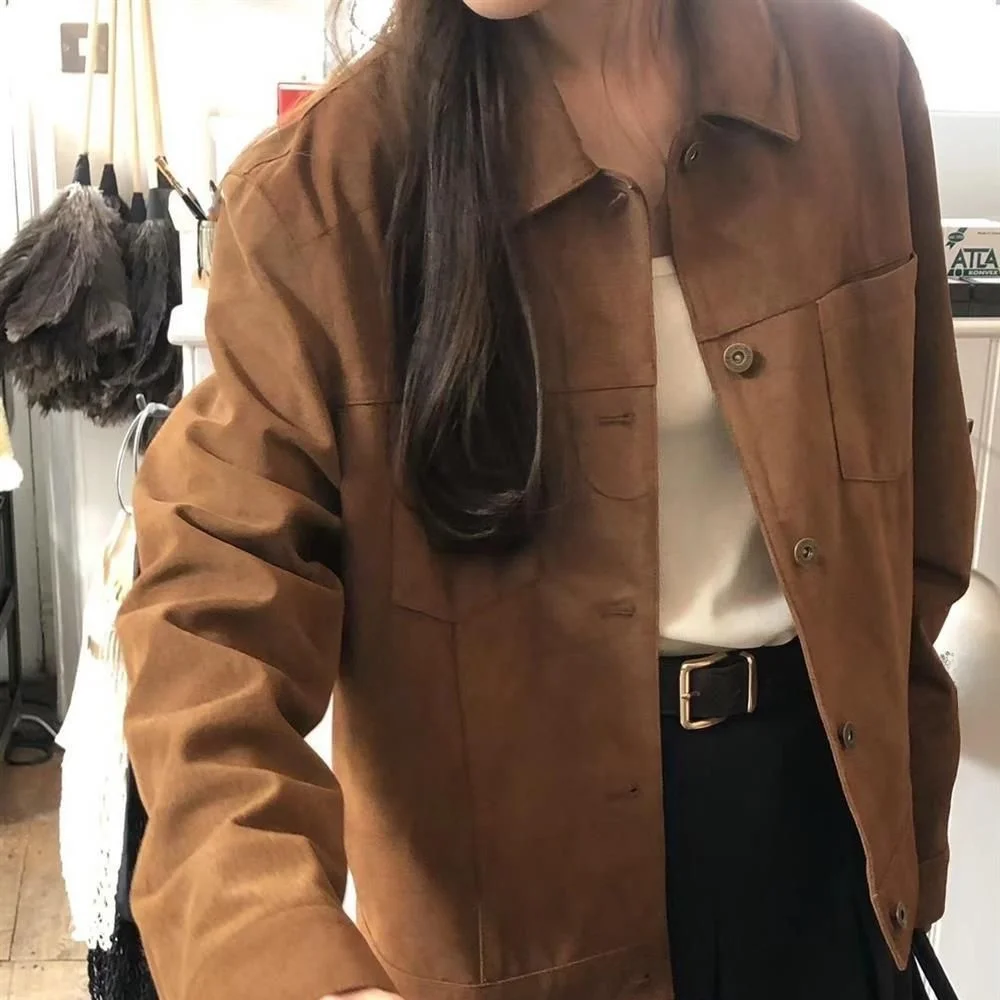 American Retro Workwear Jacket Women's Loose Casual Short Coat Suede Fabric Versatile Spring Autumn New Style Ladies Top