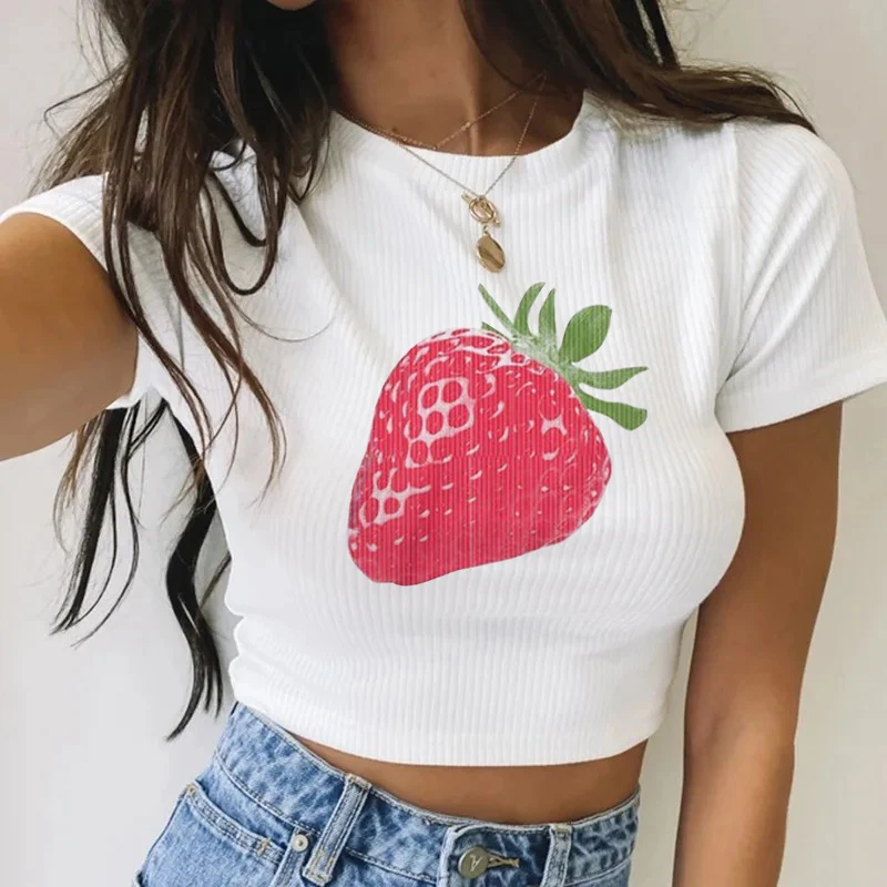 

Милая женская футболка с короткими рукавами и принтом клубники, летняя модная детская футболка с круглым вырезом Y2K, уличный готический эстетический сексуальный укороченный топ