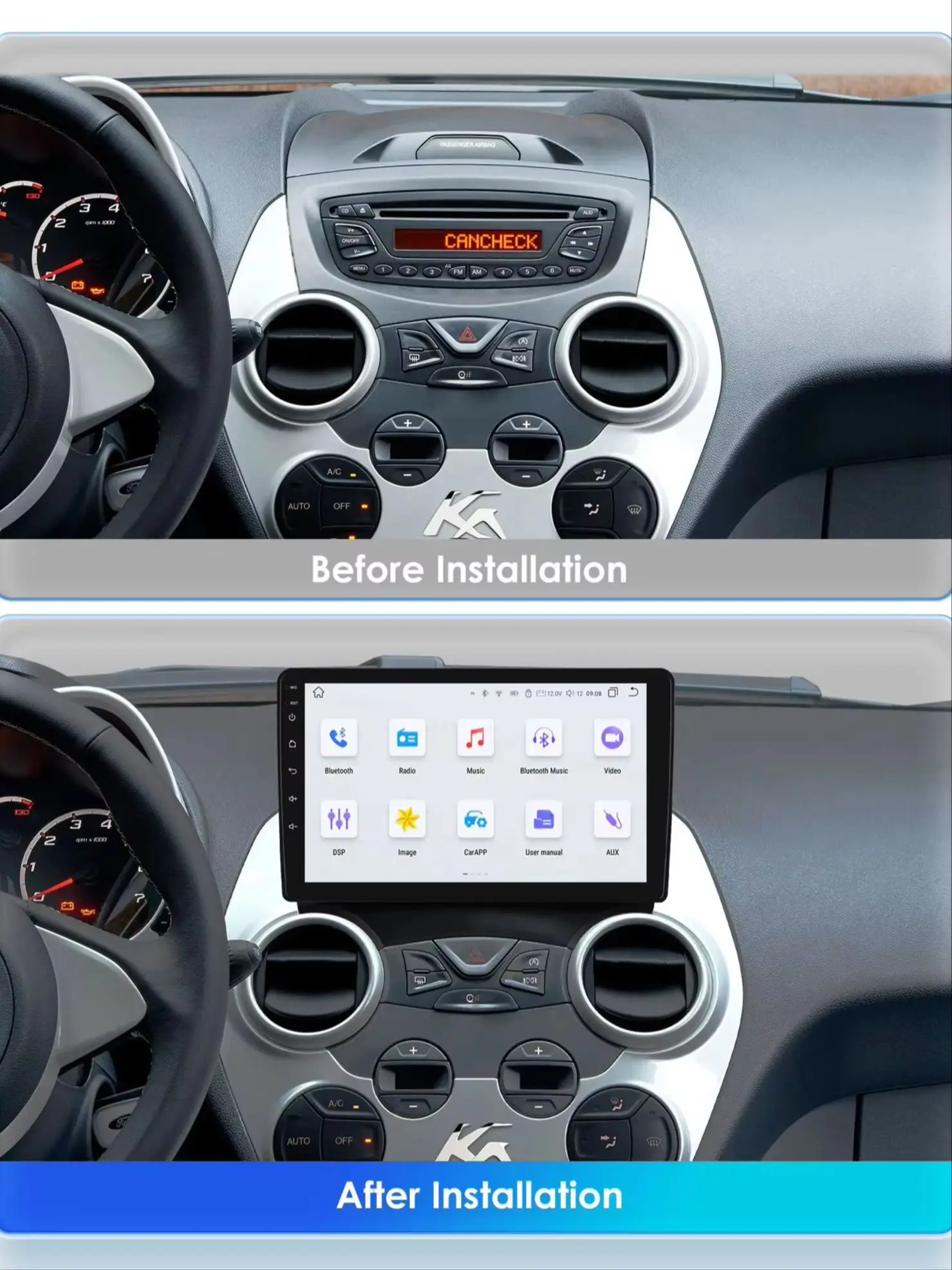 Auto-Stereo-Navigation für Ford Ka K2 2008-2014, kabelloses CarPlay, Touchscreen, GPS, Video-Multimedia-Player, Android Auto Head Unit, kabelloses Apple CarPlay, intelligente Systeme, IPS-Touchscreen,