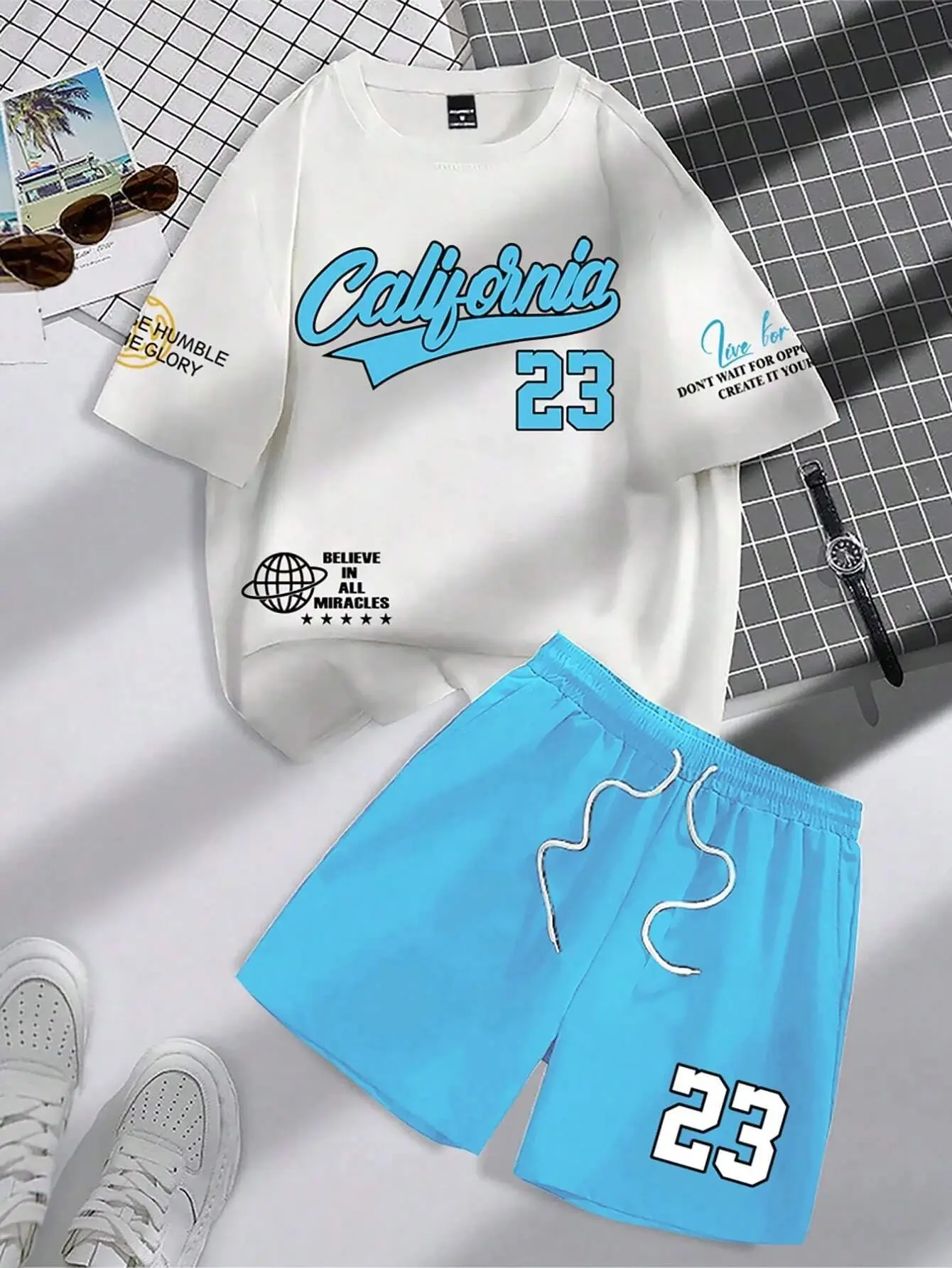 2025 summer new trend men's suit round neck short sleeve set fashion personalized alphanumeric print round neck T-shirt and shor image 3