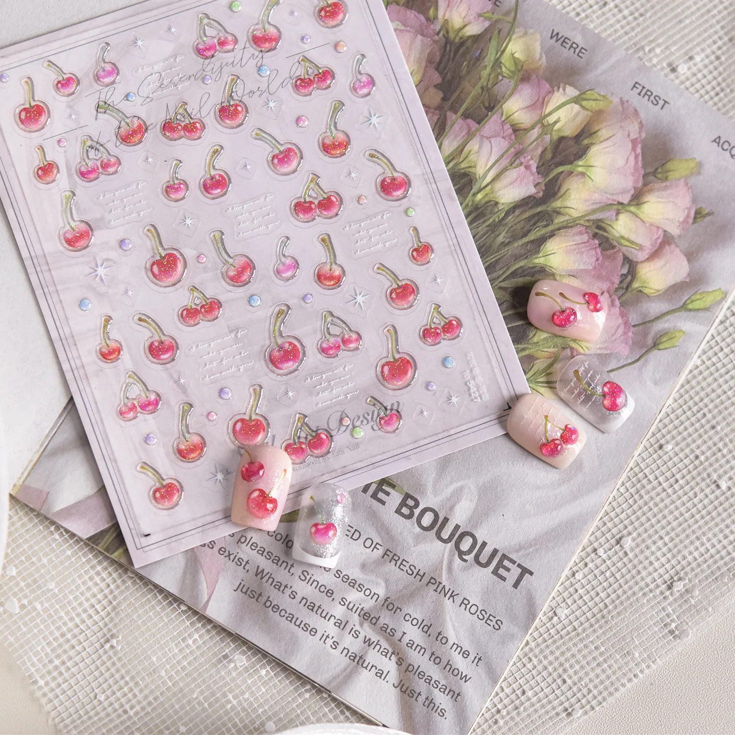 Bonitas pegatinas brillantes de cereza para decoración de uñas, diseño de fruta dulce, pegatinas autoadhesivas para decoración de uñas, accesorios para uñas con purpurina DIY