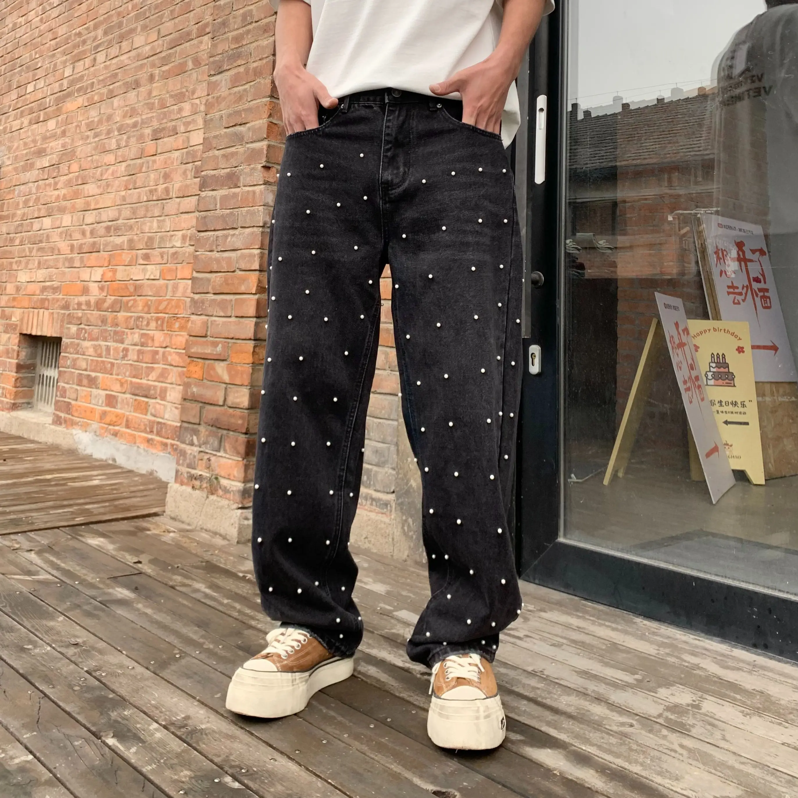

Pearls Black Wide Jeans Men Street Wear Mid Rise Heavy Weight Pants Man New Y2k Trousers