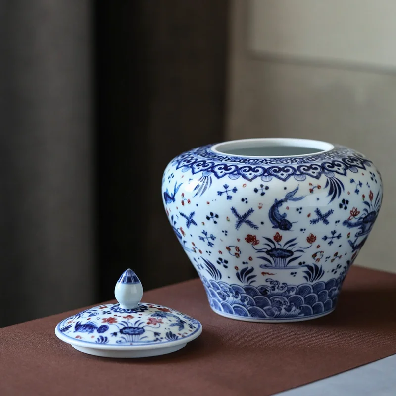 Jingdezhen Hand Painted Blue and White Glazed Red Fish and Algae Pattern Tea Pot Imitation Ming Xuande Zen Ceramic Decoration Ch