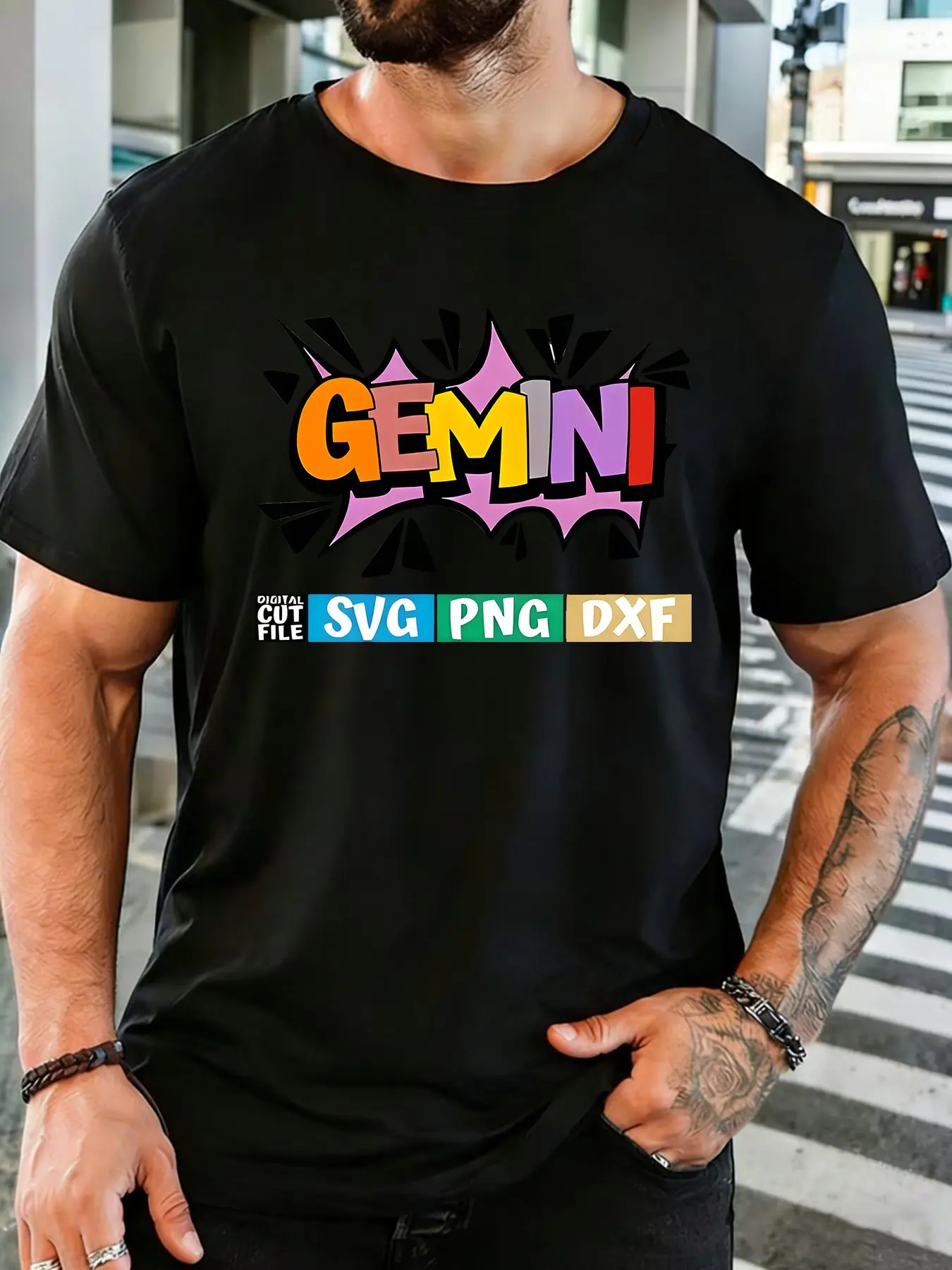 Male Dark Blue Round Neck T Shirt Retro Comic Style Gemini Text Print Bright Multicolor Letter Horoscope Daily Cotton Tee