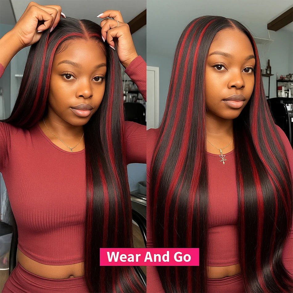 アップグレードされた1B/99Jノーシルクハイライトウィッグ、ボーンストレート5x5グルーレス人毛ウィッグ、30インチオンブレブラック、レッドレースクロージャーウィッグ