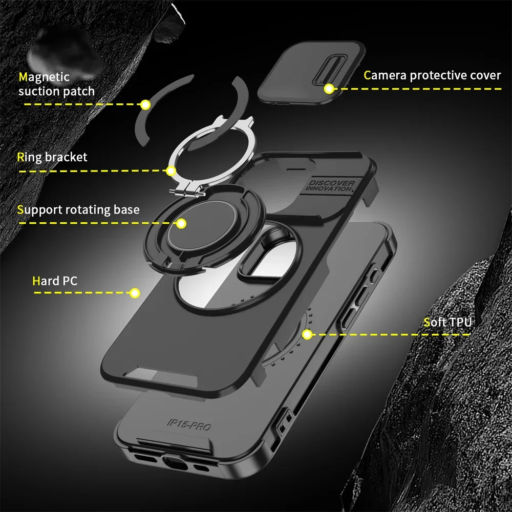 Luksusowe etui pancerne z metalowym uchwytem magnetycznym do iPhone\'a 16 Pro Max 15 14 Plus 13 12 Pro Max 11 Pro Sliding Lens Protective Shell