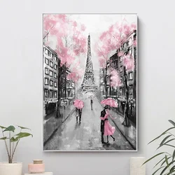 Pink Romantic City Couple Paris Eiffel Tower Posters Prints Landscape Canvas Painting Wall Art Pictures Living Room Home Decor