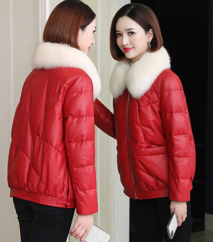 

2023 100% Real Leather Jacket Women Short Sheepskin Coat Female White Duck Down Parkas Woman Fox Fur Collar Femme Veste