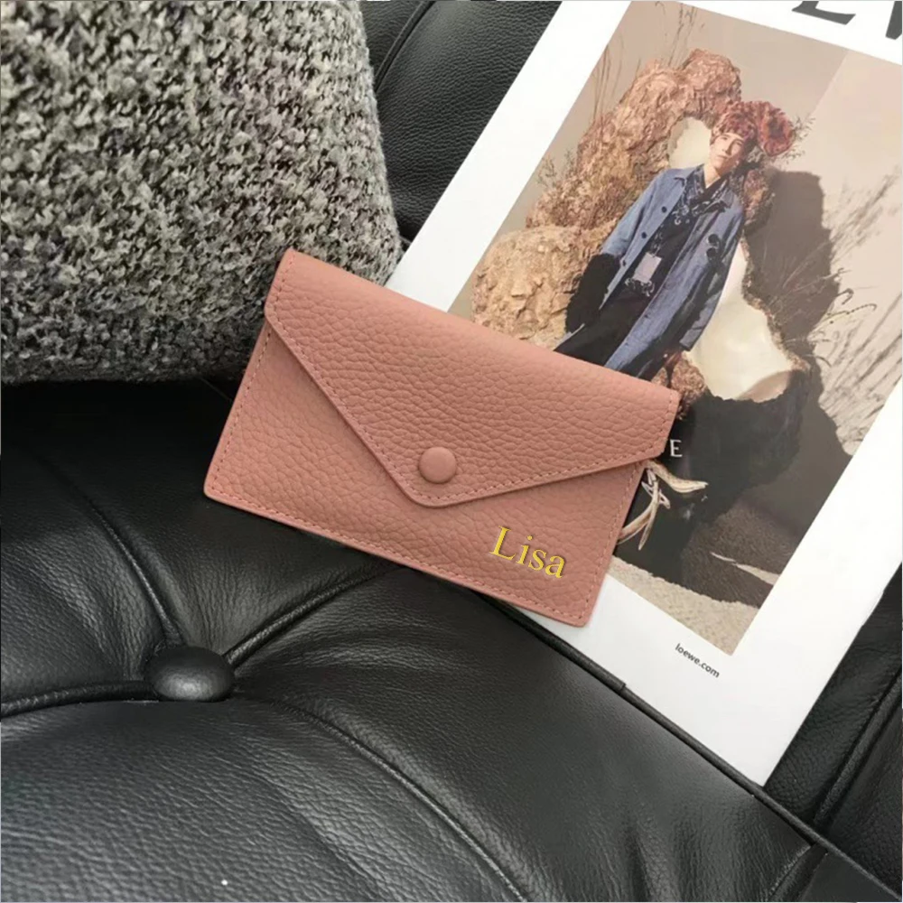 Personalisierte Buchstaben, echtes Rindsleder, ultradünnes Kartenetui für Damen, kurzer Umschlag für Damen, Damen-Geldbörse – Detail 6