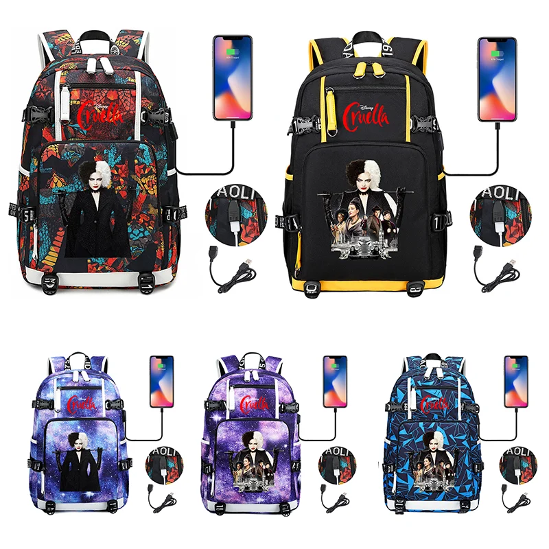 

Fashion Cruella de Vil Multifuction Boys Girls Students Schoolbag Large Capacity Laptop Bag USB Charging Backpack Mochila