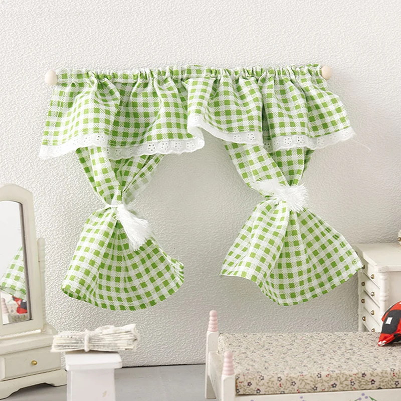 

Home Furniture Decoration Dolls House Living Scene Decor Accessories 1/12 Dollhouse Mini Plaid Curtains Door Curtain Doll