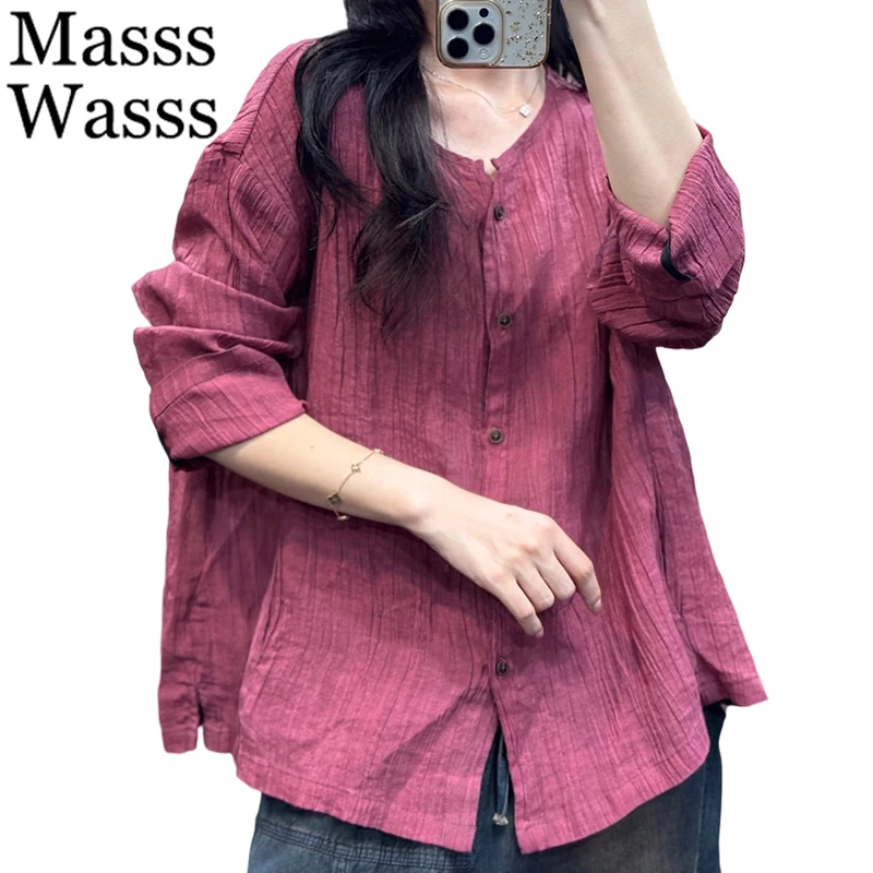 

Masss Wasss Autumn Soild Fashion Tops Women Classic Vintage Casual O-neck Shirts Ladies Elegant Luxury Loose Punk Cotton Blouses
