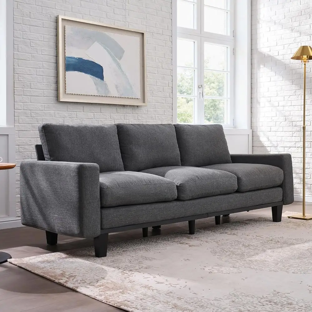 

3-Seater Deep-Seat Sofa with Metal Support, Grey Linen Fabric, Comfortable for Living Room, Pet-Friendly, Suitable for Bedroom