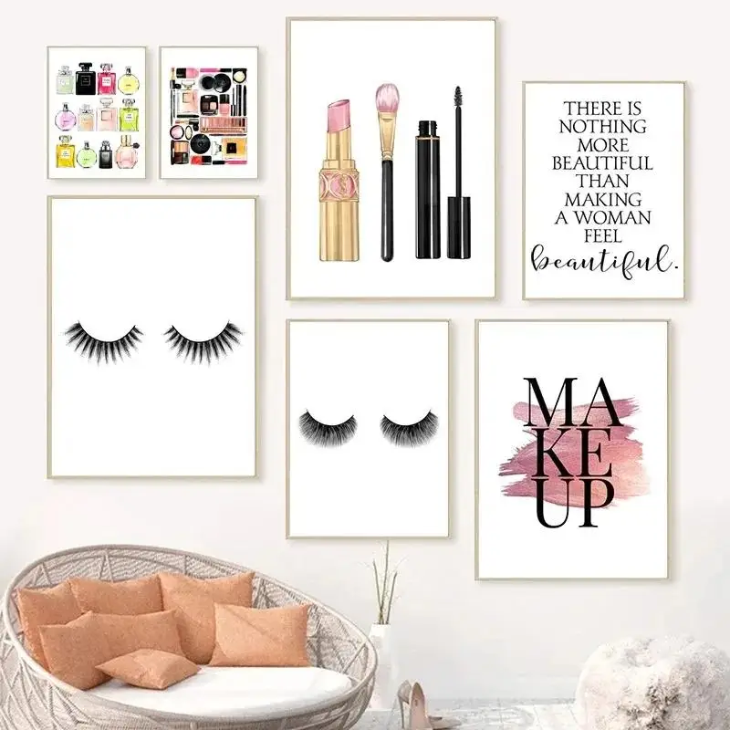 Botella de Perfume de moda, impresión en lienzo, maquillaje de acuarela moderno, póster artístico de pared, decoración del hogar de lujo, regalo para niñas