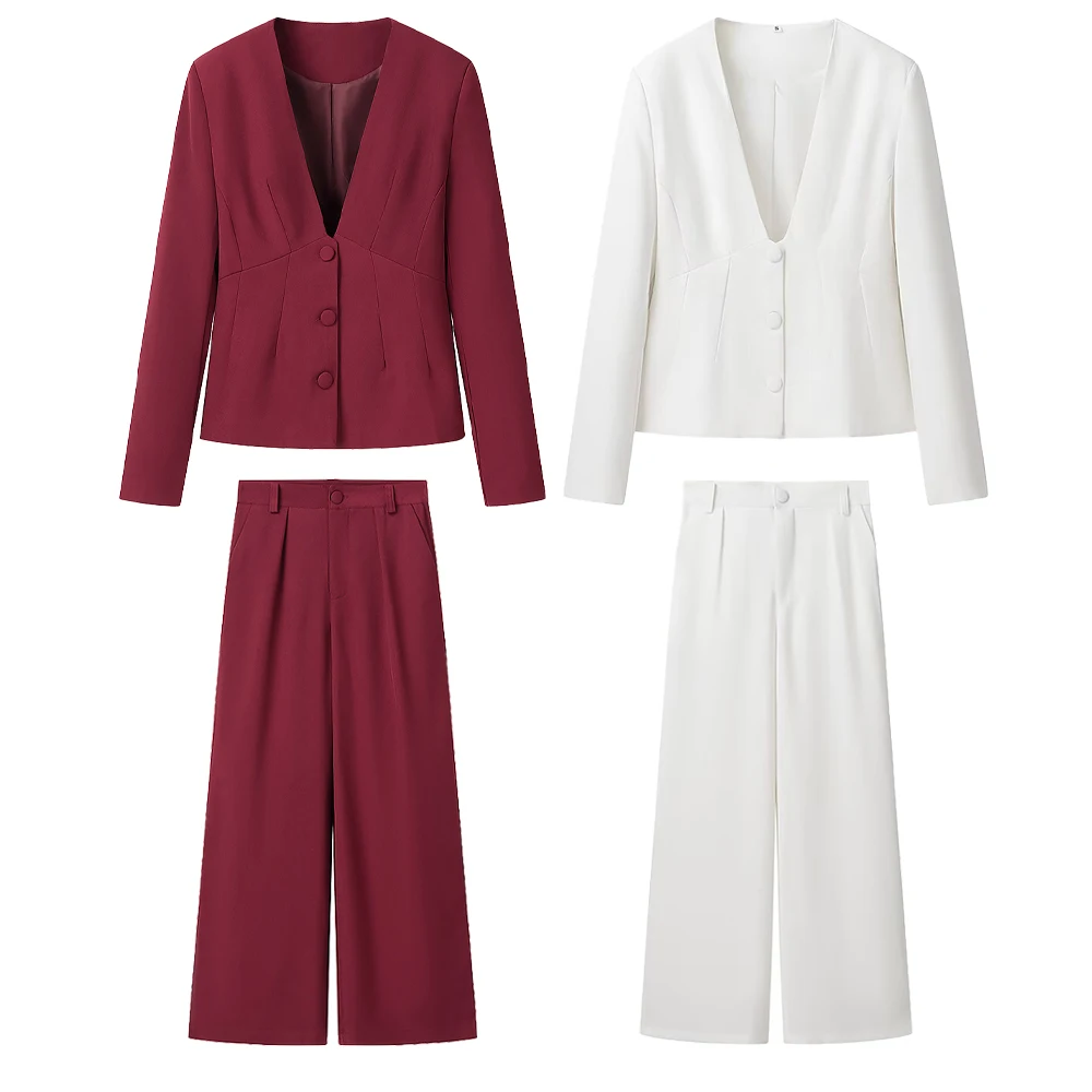 

BMURHMZA women's single breasted V-neck long sleeved suit jacket, high waisted straight leg pants, winter new fashion set
