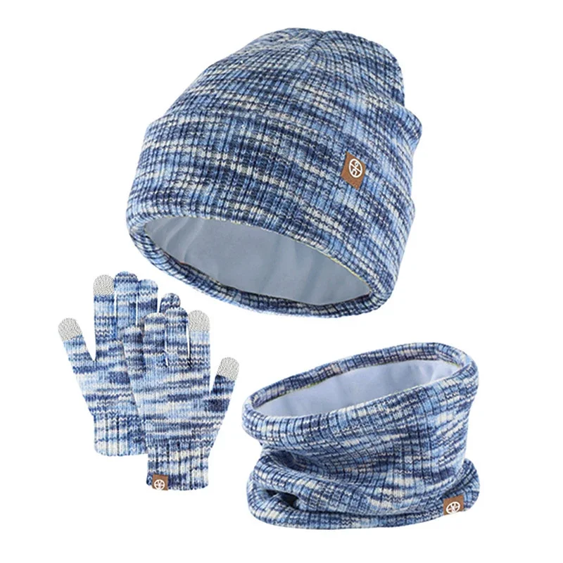 3 pçs conjunto de inverno para crianças malha listrado gorros crianças cachecol dupla camada forro de pelúcia chapéu de inverno conjunto de luvas