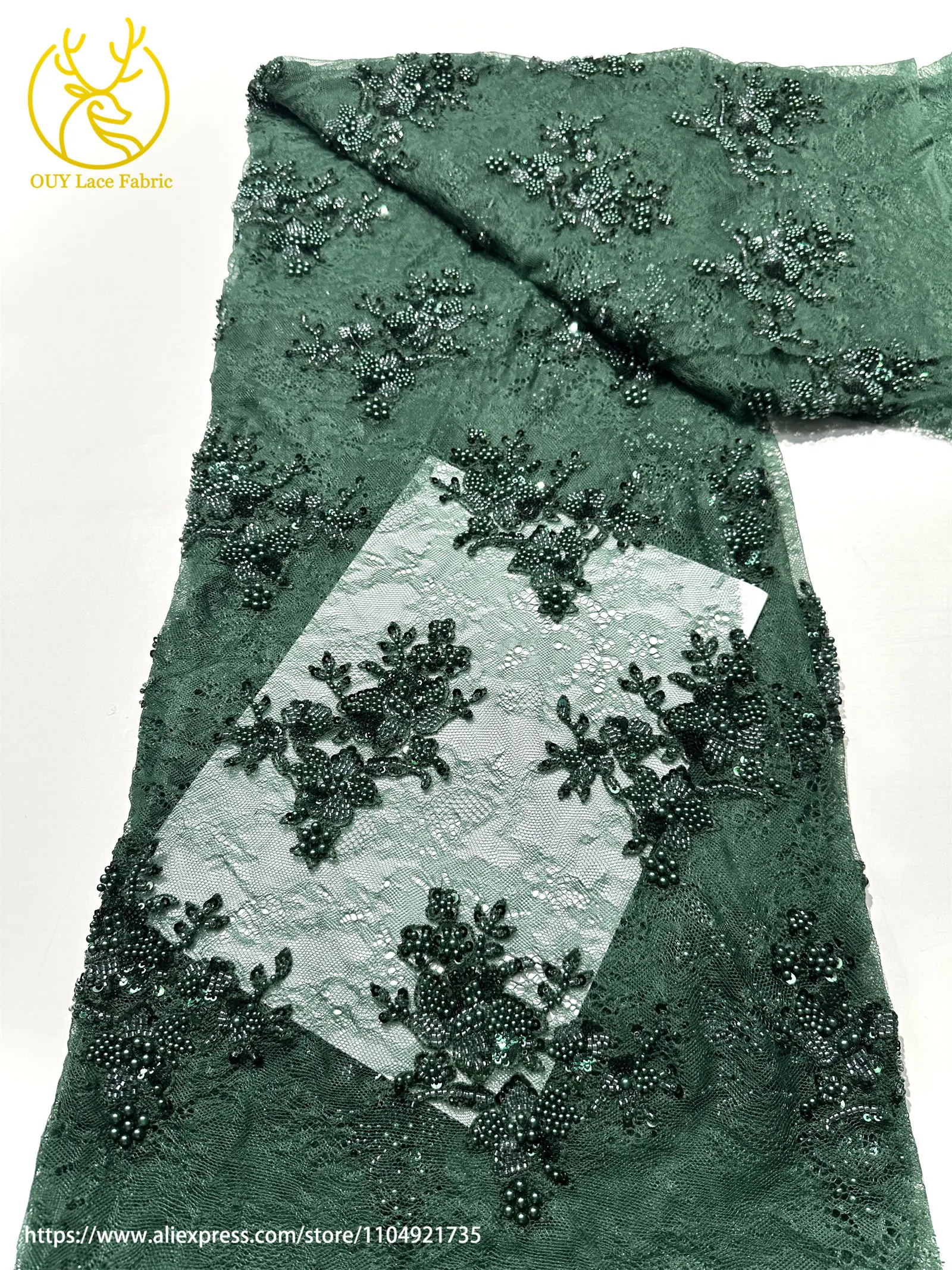 Grüner Afrikanischer Bräutigam Bestickter Blumen-Tüll-Spitzenstoff 2026 Französische Nigerianische Perlen-Pailletten-Spitze Hochzeitskleid-Material – Detail 14