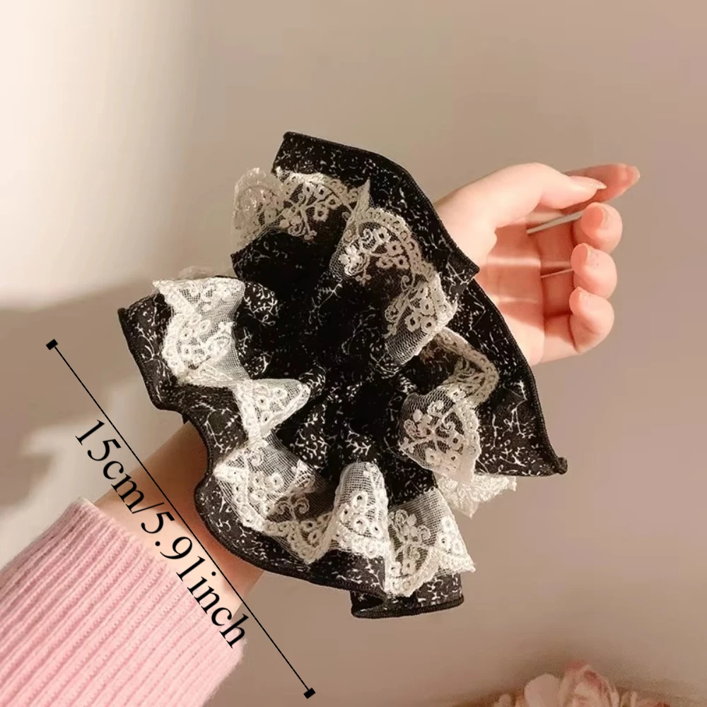 Ikat Rambut Renda Bunga Gaya Perancis Lapisan Ganda Ukuran Besar Ikat Rambut Wanita Temperamen Elegan Tali Rambut Besar