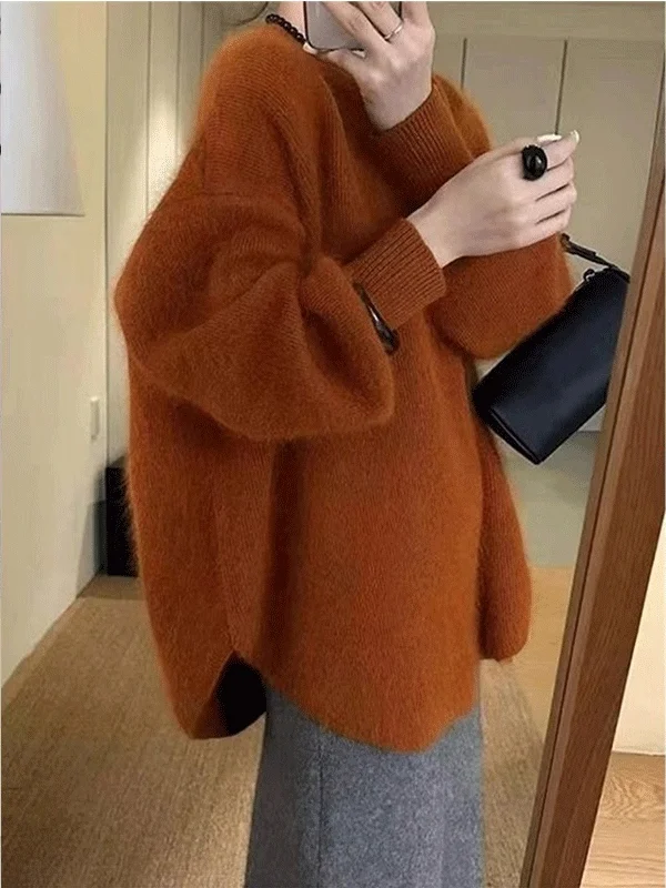 Ladies Mid-Length Knitted Sweater Soft Bear Fur Pumpkin Orange Loose Fit Comfortable Knitwear Autumn Winter Warmth Fashion