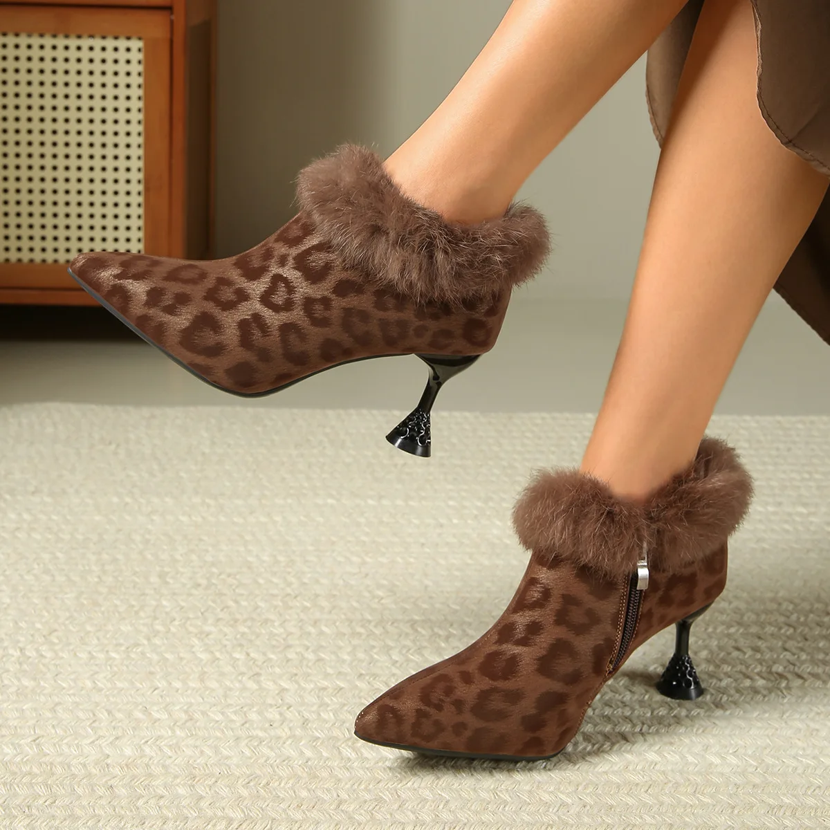 Women Leopard Print Ankle Boots Pointed Toe High Heels Faux Fur Trim Winter Short Boots Side Zipper Fashion Ladies Shoes