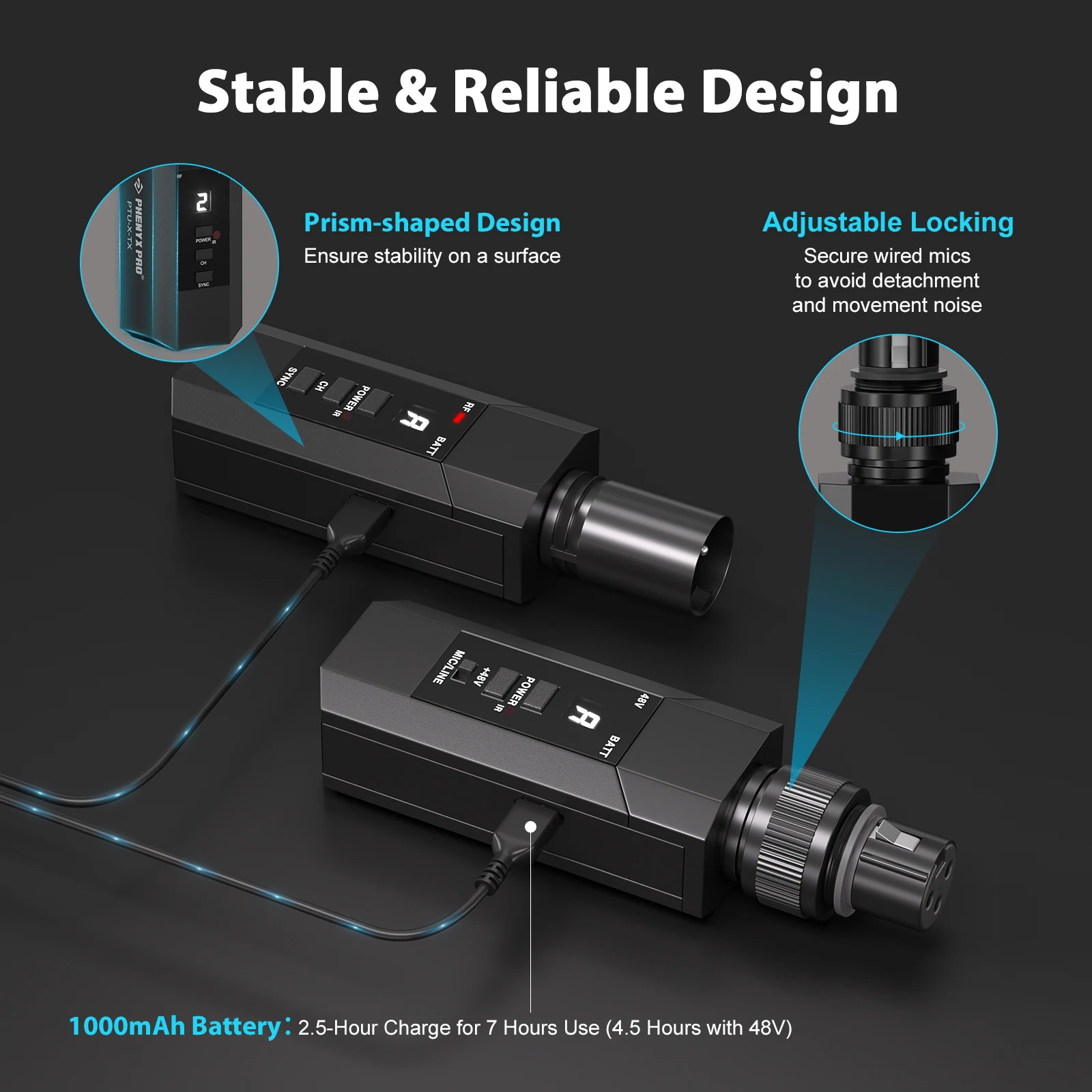 Phenyx Pro PTU-X Plug-on XLR Wireless Transmitter Receiver System, Wired-to-Wireless XLR Microphone Adapter, 16 UHF Frequencies