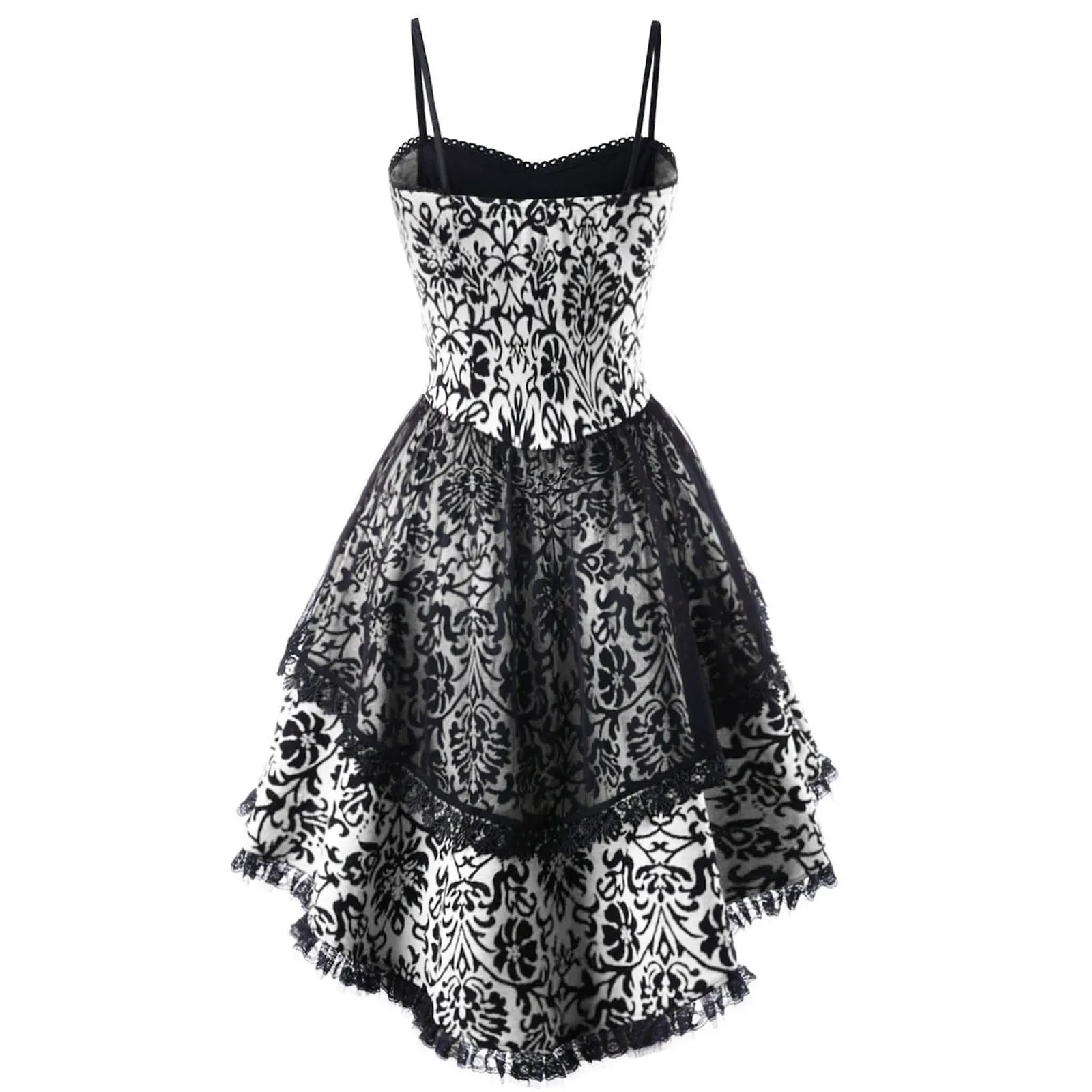 Gothic Lace Cami Dress For Women Vintage Lace Up Party Sleeveless Bandage Splicing A-Line Print High Waist Irregular Hem Dress