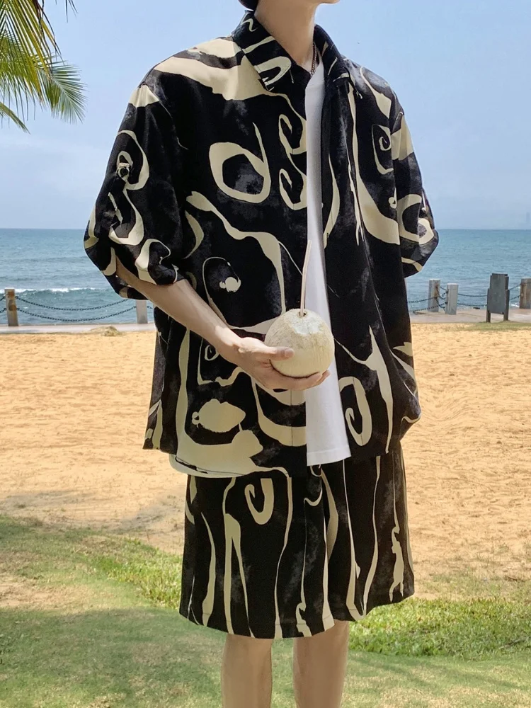 

Hawaii Ice Silk Thin ort Sve irt Set for Men Summer Lightweight Faionable Casual Print Loose Fit Button down