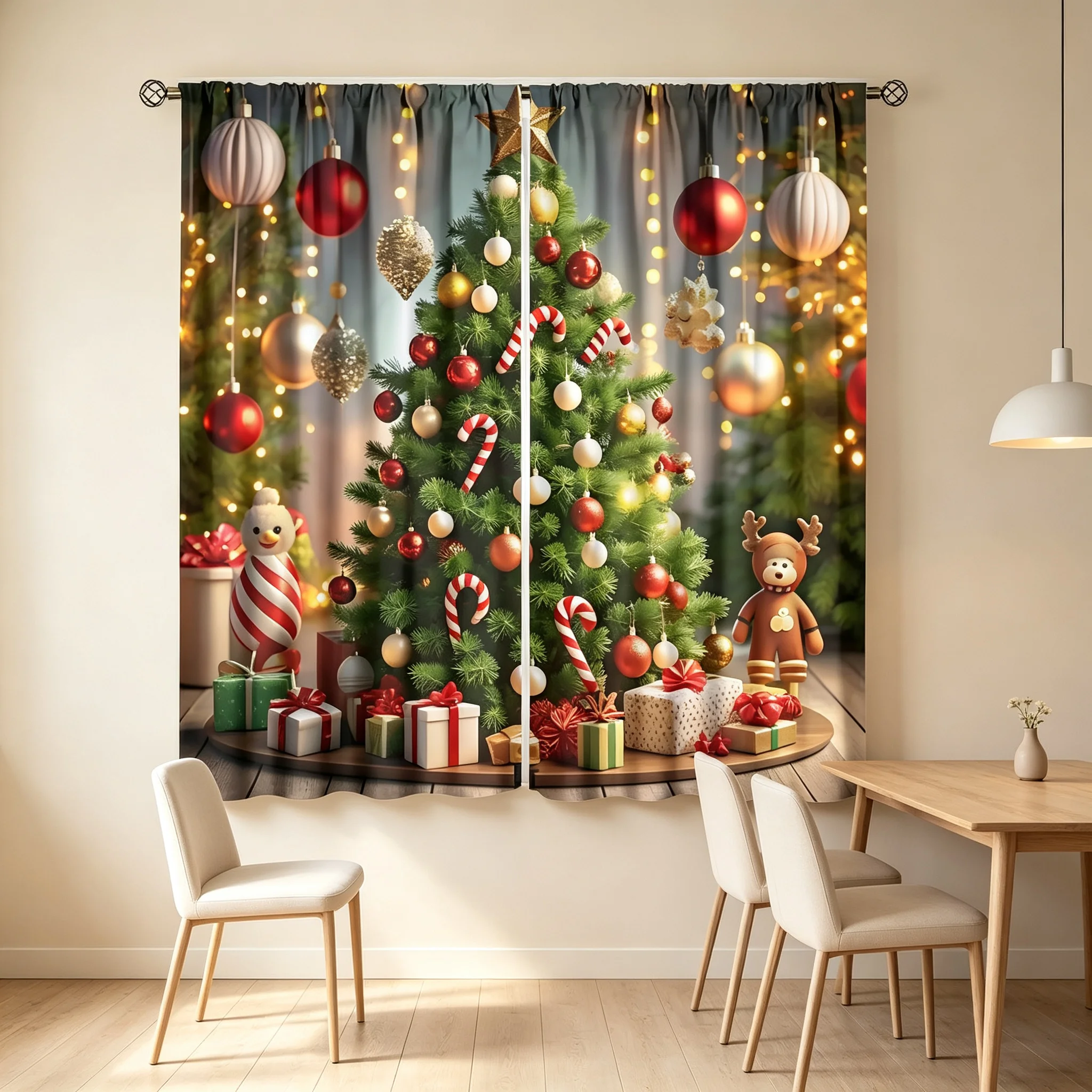 2PCS Christmas Curtains Xmas Tree Candy Cane Ball Ornament Warm Light Digital Print Drapes for Living Room Bedroom Holiday Decor