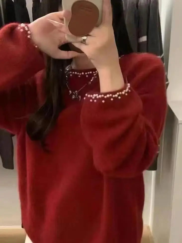 Coréen Sle rond Ne tricoté Base irt lourd embellissement couleur aérienne pull automne hiver nouveauté coupe ample