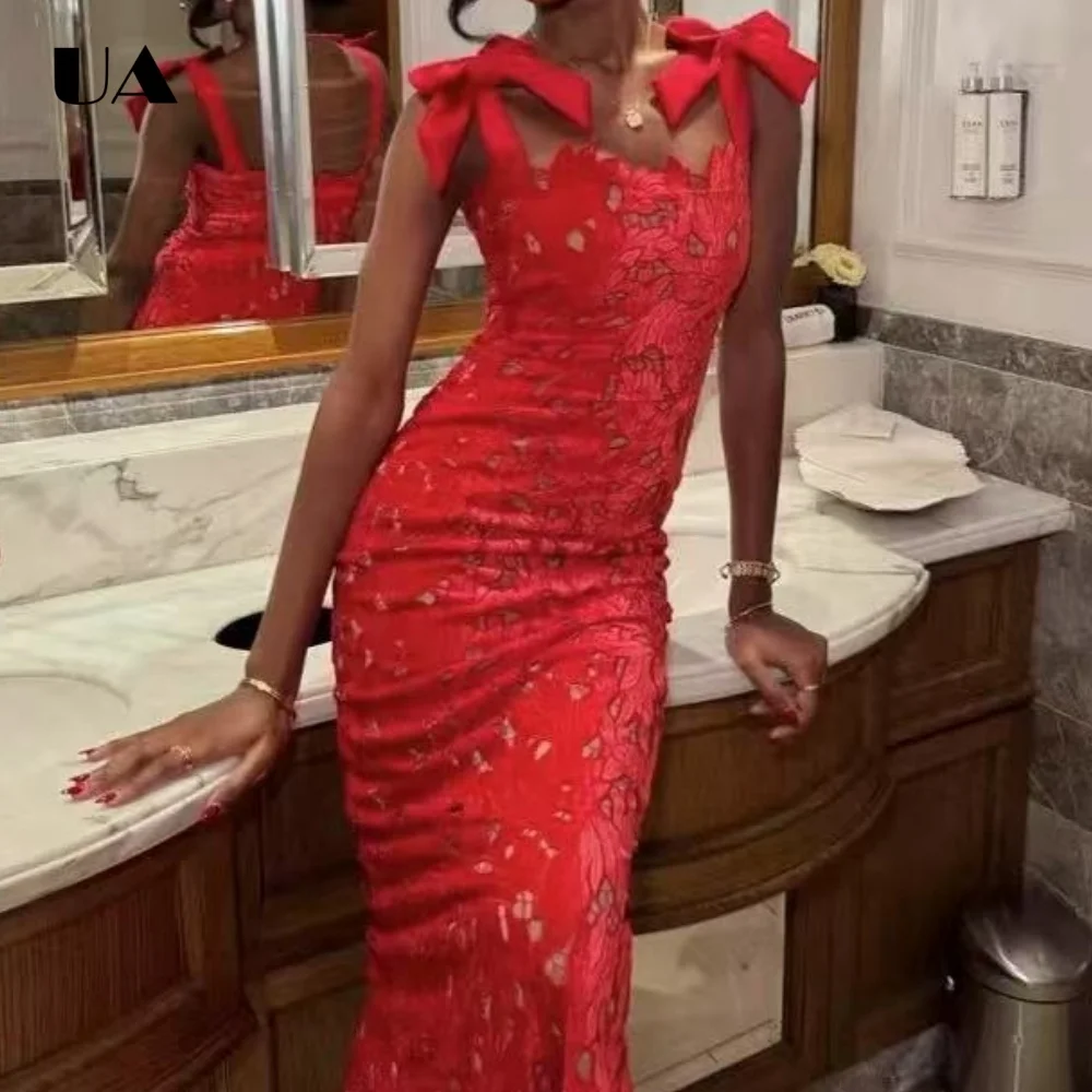 

Sexy Sheath Lace Hollow Out Midi Dress with Bows, Fashionable Sleeveless Long Dresses for Women, Elegant Solid Slit Party Dress