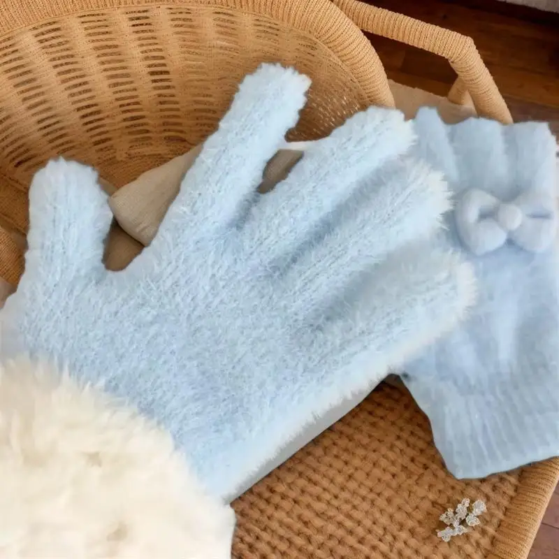 Cute Sweet Bow Plush Gloves Cold-Proof Gloves Student Winter Warm Five-finger Gloves Women Fashion Accessories Christmas Gifts