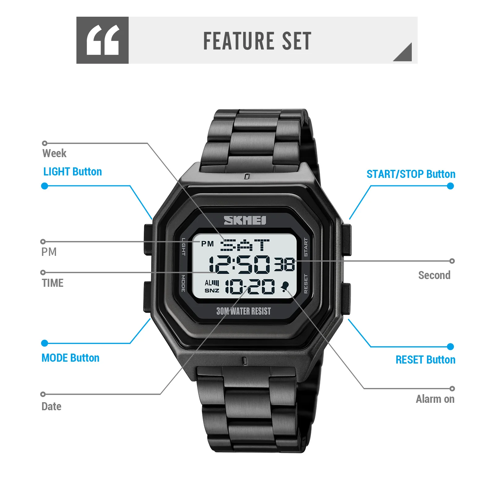 SKMEI Fashion Function Dual Time Display Watch Waterproof Metal Stainless Steel EL Luminous Sports Men's Electronic Watch 1875