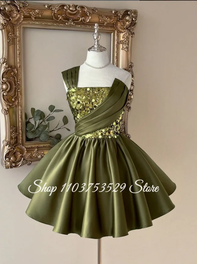 

Customized Grass Green Short One-Shoulder Prom Dress Shimmering Bodice Mini Skirt Cocktail Dress Concert Dress Birthday Party Dr