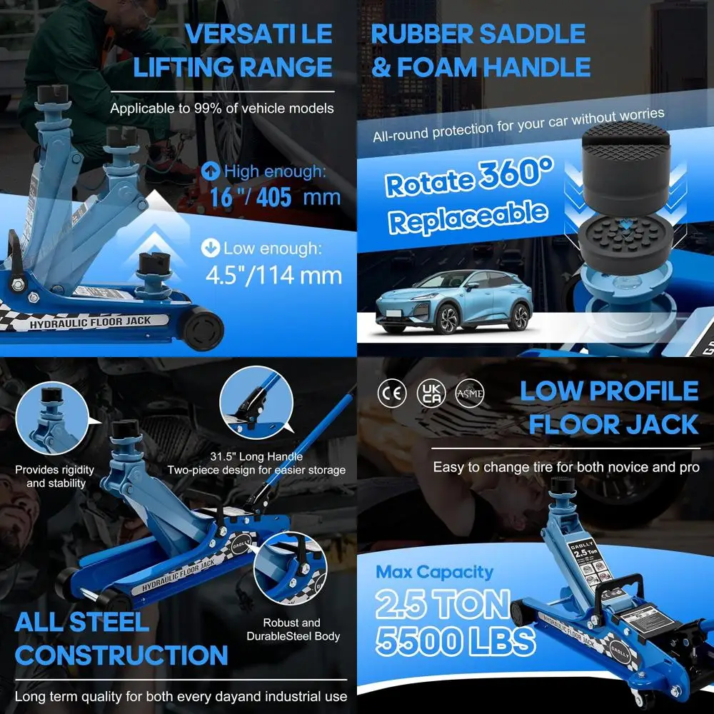 ロープロファイル2.5トンヘビーデューティーレーシングフロアジャッキ、シングルピストンポンプ付き、3.35～14.96インチまで持ち上げ可能（ブルー）