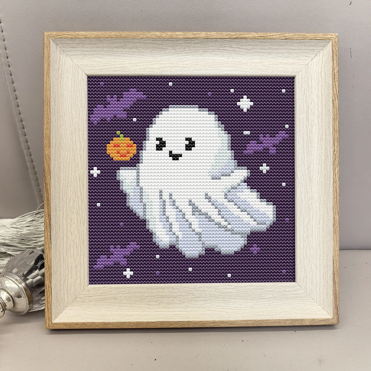 Smiling Ghost Halloween-themed Cross-Stitch Kit, DIY Handmade Printed Embroidery with Frame, Pumpkin Bat Cute Goblin Desktop Decoration