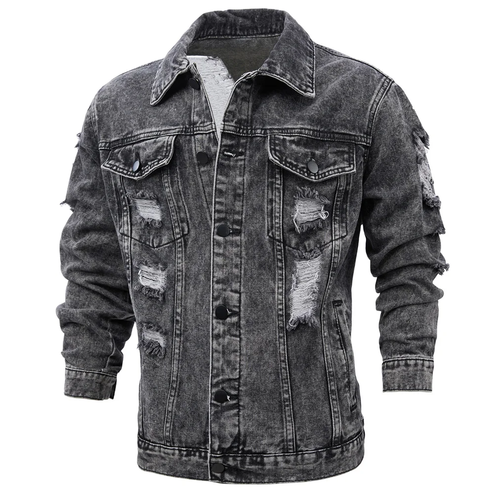 Men's Ripped Denim Jacket Streetwear Holes Distressed Cotton Coat Casual Gray Black Snow Washed Outerwear