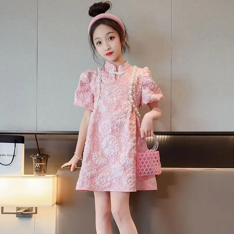 

Летнее платье Cheongsam для девочек, 2 цвета, новинка 2025 года, детская улучшенная юбка Qipao, детское древнее китайское платье с короткими рукавами LH612