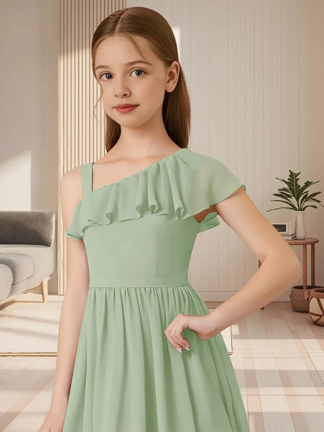 ชุดเพื่อนเจ้าสาวรุ่นจูเนียร์ทรงเอไลน์ ผ้าชีฟองแบบไฮโลว์ ชุดราตรีงานเลี้ยงยาวสำหรับเด็กผู้หญิง พร้อมดีเทลลายดอกไม้